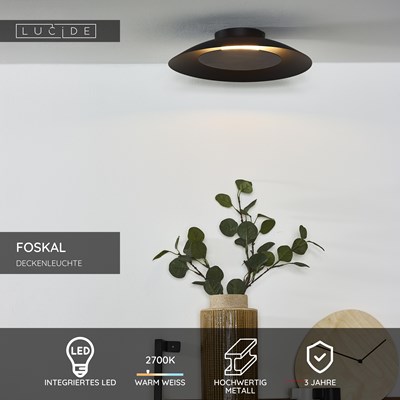 Lucide FOSKAL - Deckenleuchte - Ø 34,5 cm - LED - 1x12W 2700K - Schwarz